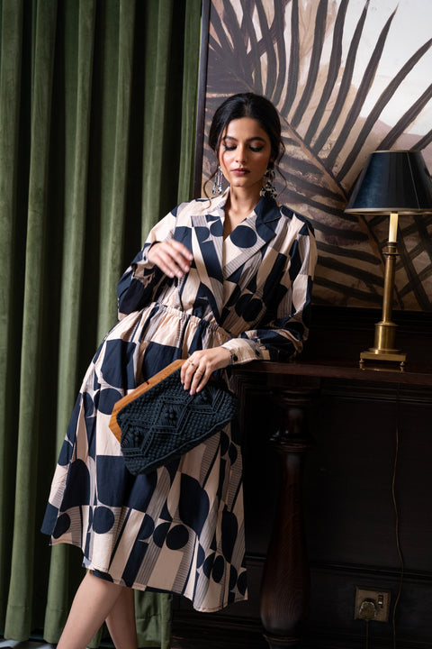 Black Offwhite Geometric Printed Dress