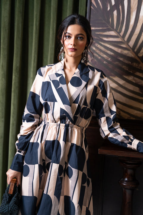 Black Offwhite Geometric Printed Dress