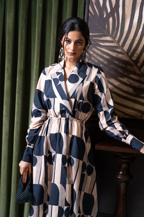 Black Offwhite Geometric Printed Dress