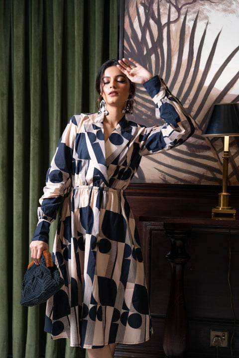 Black Offwhite Geometric Printed Dress