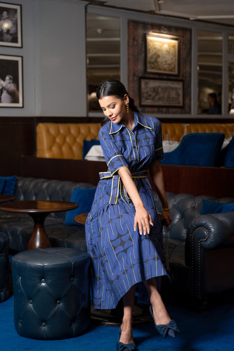 Blue Black Geometric Printed Cotton Dress