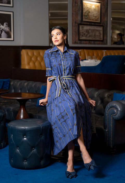 Blue Black Geometric Printed Cotton Dress