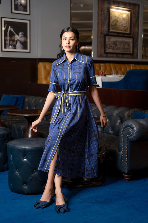Blue Black Geometric Printed Cotton Dress