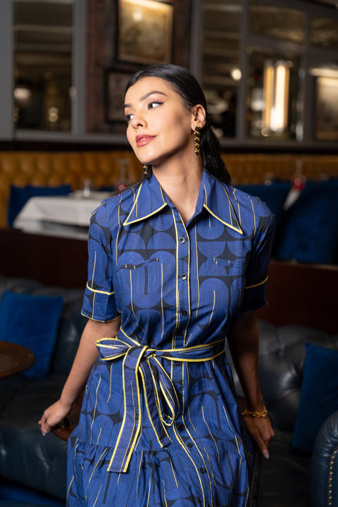 Blue Black Geometric Printed Cotton Dress