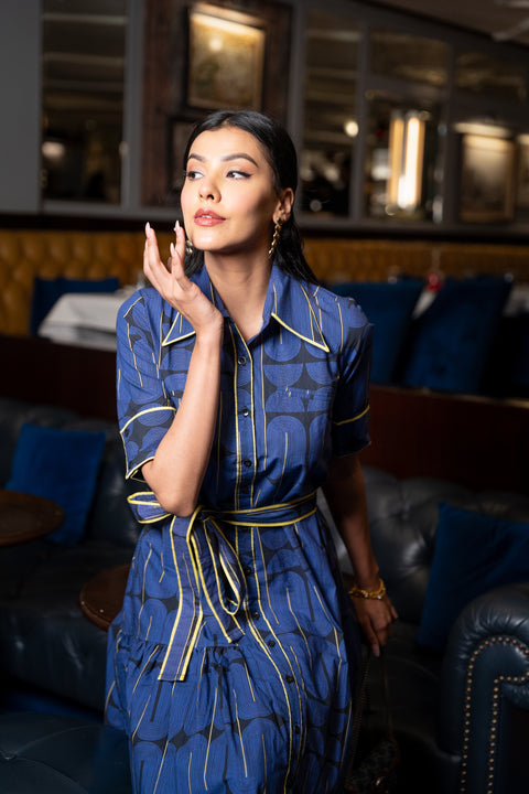 Blue Black Geometric Printed Cotton Dress