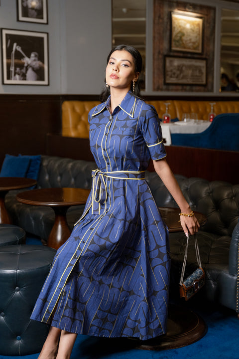 Blue Black Geometric Printed Cotton Dress