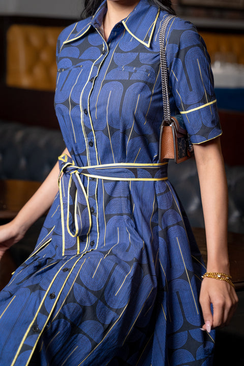 Blue Black Geometric Printed Cotton Dress