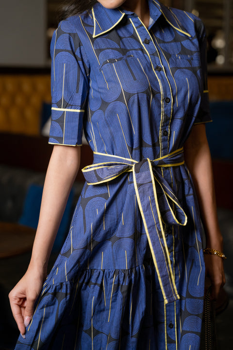 Blue Black Geometric Printed Cotton Dress