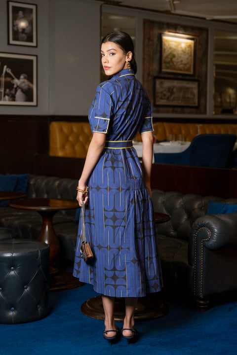 Blue Black Geometric Printed Cotton Dress