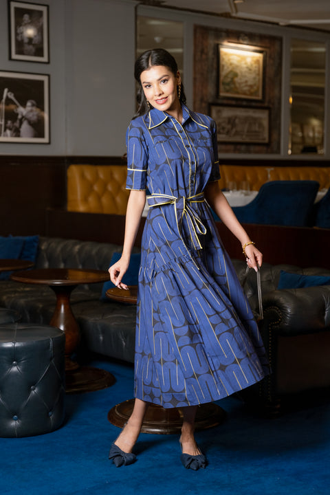 Blue Black Geometric Printed Cotton Dress