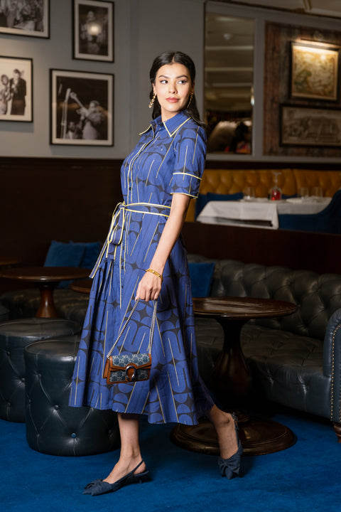 Blue Black Geometric Printed Cotton Dress