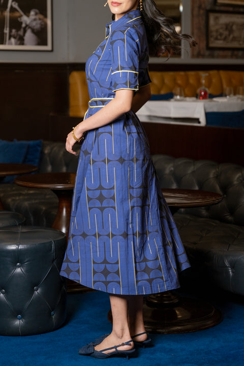 Blue Black Geometric Printed Cotton Dress
