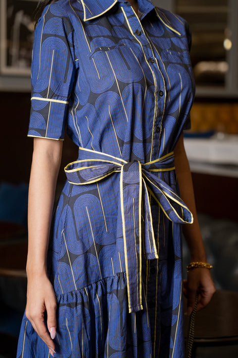 Blue Black Geometric Printed Cotton Dress
