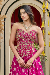 Plum Embroidered Corset & Banarasi Lehenga Set