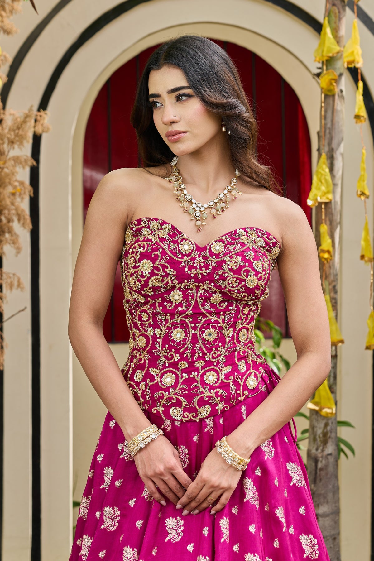 Plum Embroidered Corset & Banarasi Lehenga Set