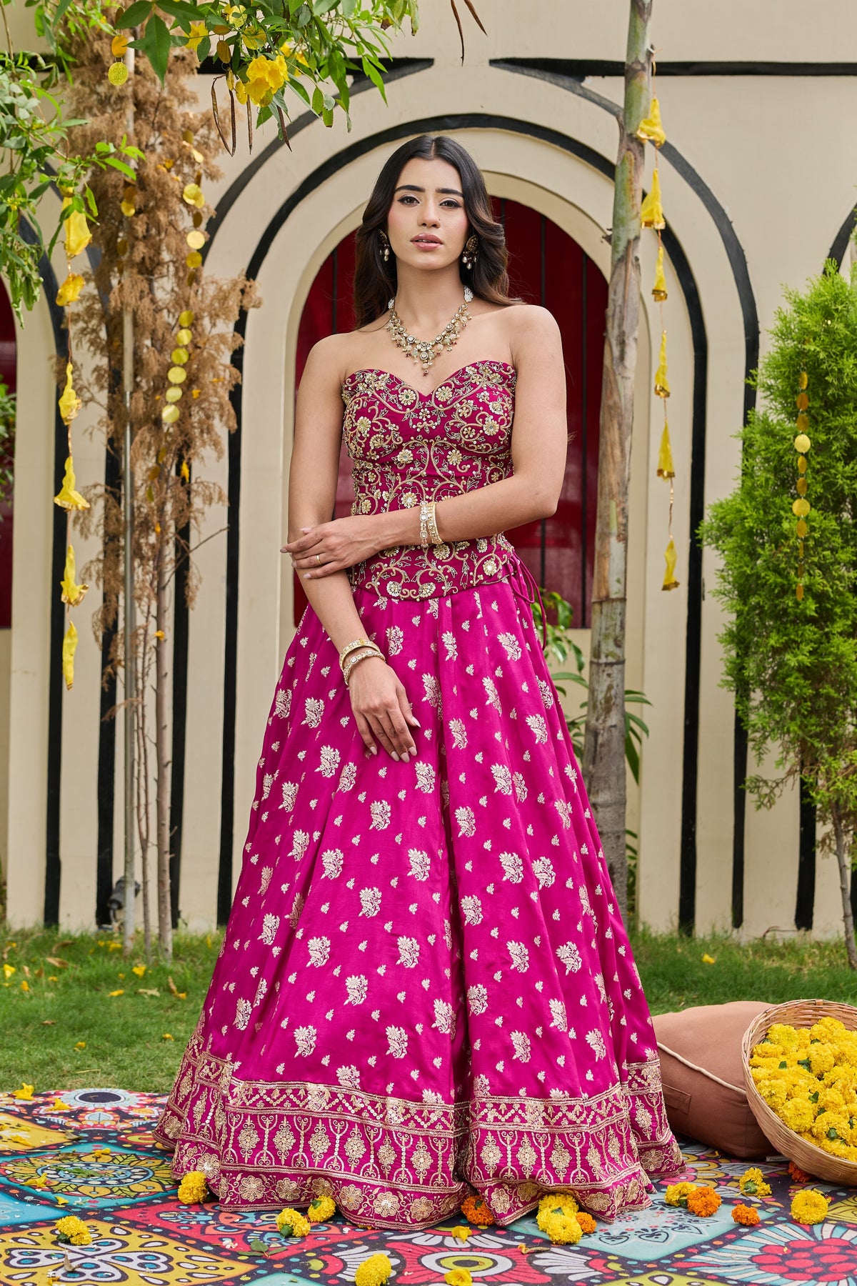 Plum Embroidered Corset & Banarasi Lehenga Set