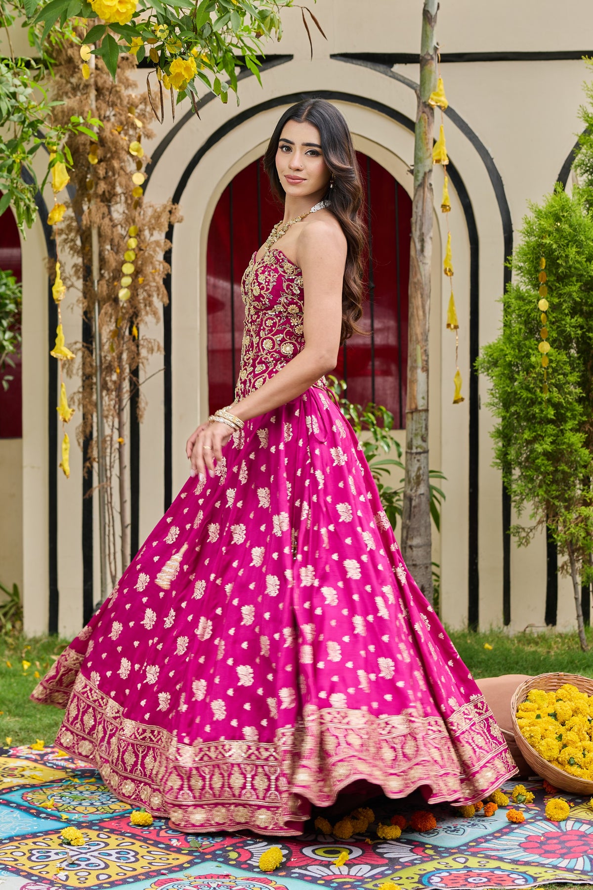 Plum Embroidered Corset & Banarasi Lehenga Set
