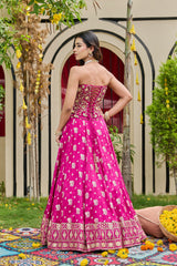 Plum Embroidered Corset & Banarasi Lehenga Set