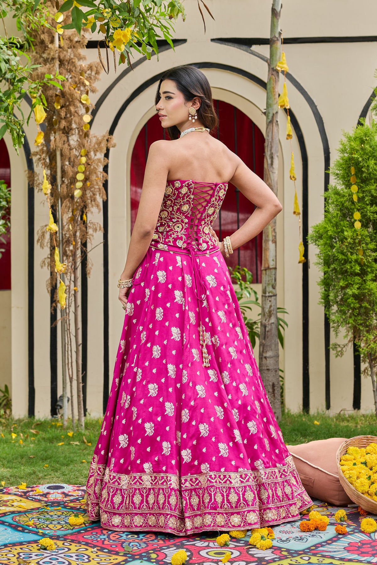 Plum Embroidered Corset & Banarasi Lehenga Set