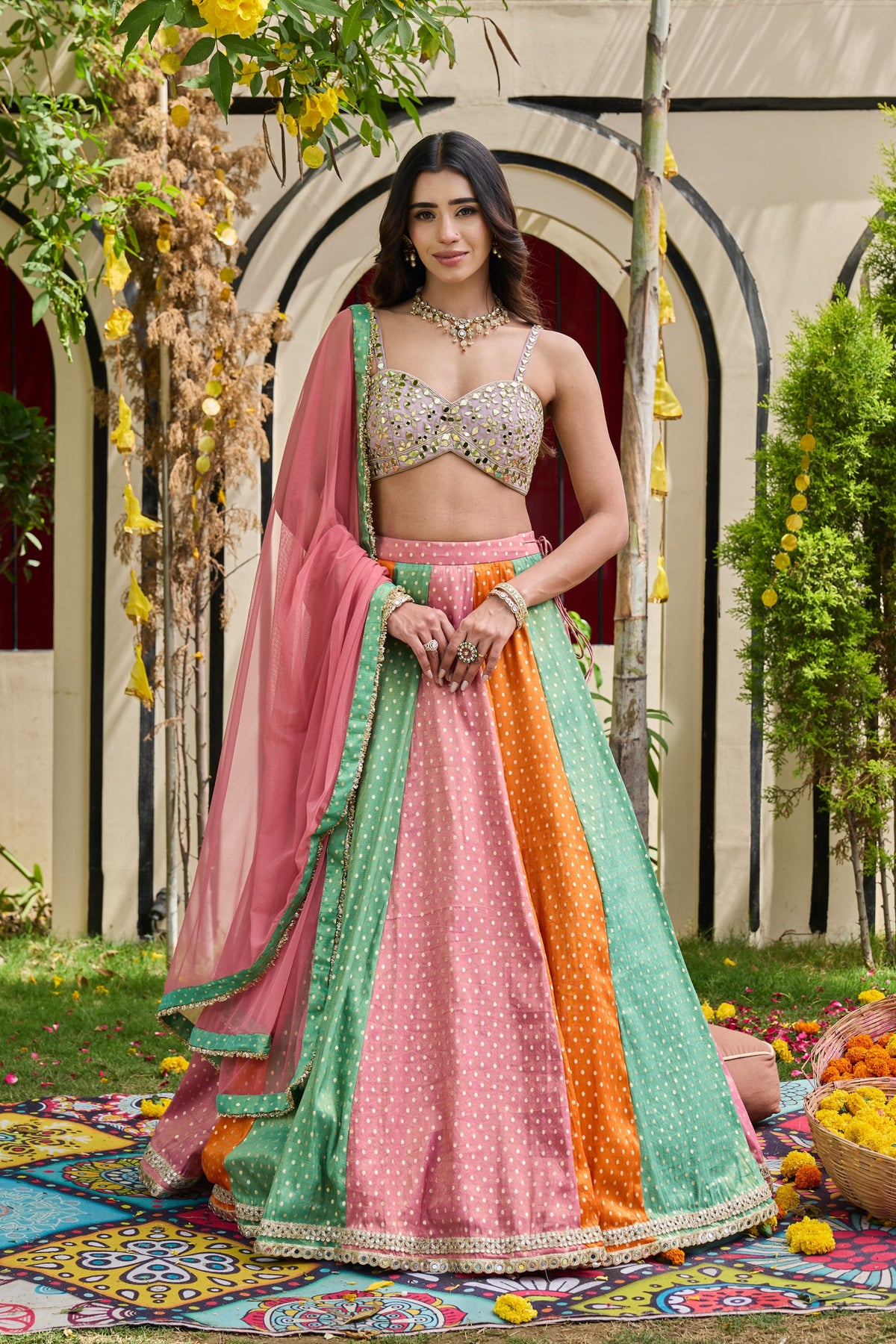 Mauve Mirror-Embellished Bustier & Multi-Panel Lehenga Set