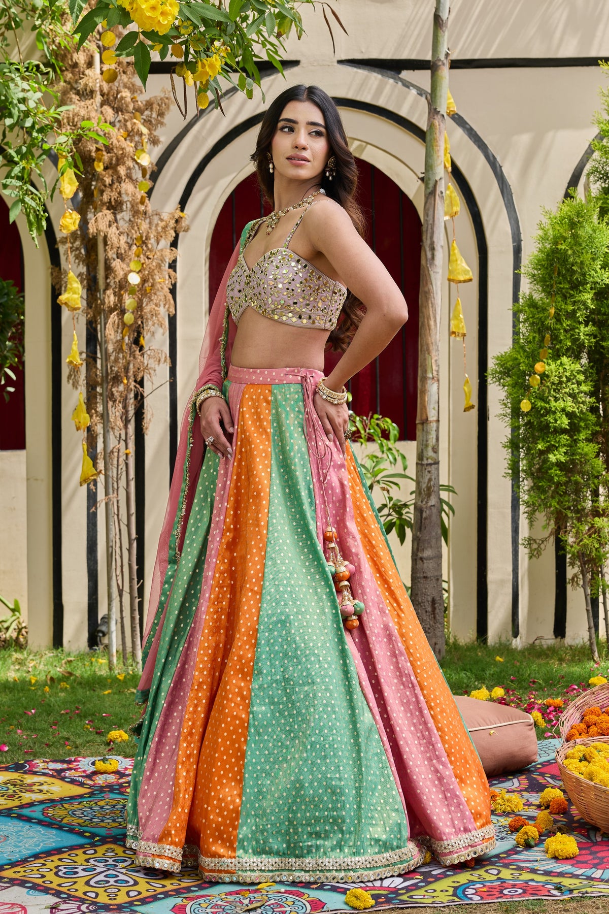 Mauve Mirror-Embellished Bustier & Multi-Panel Lehenga Set