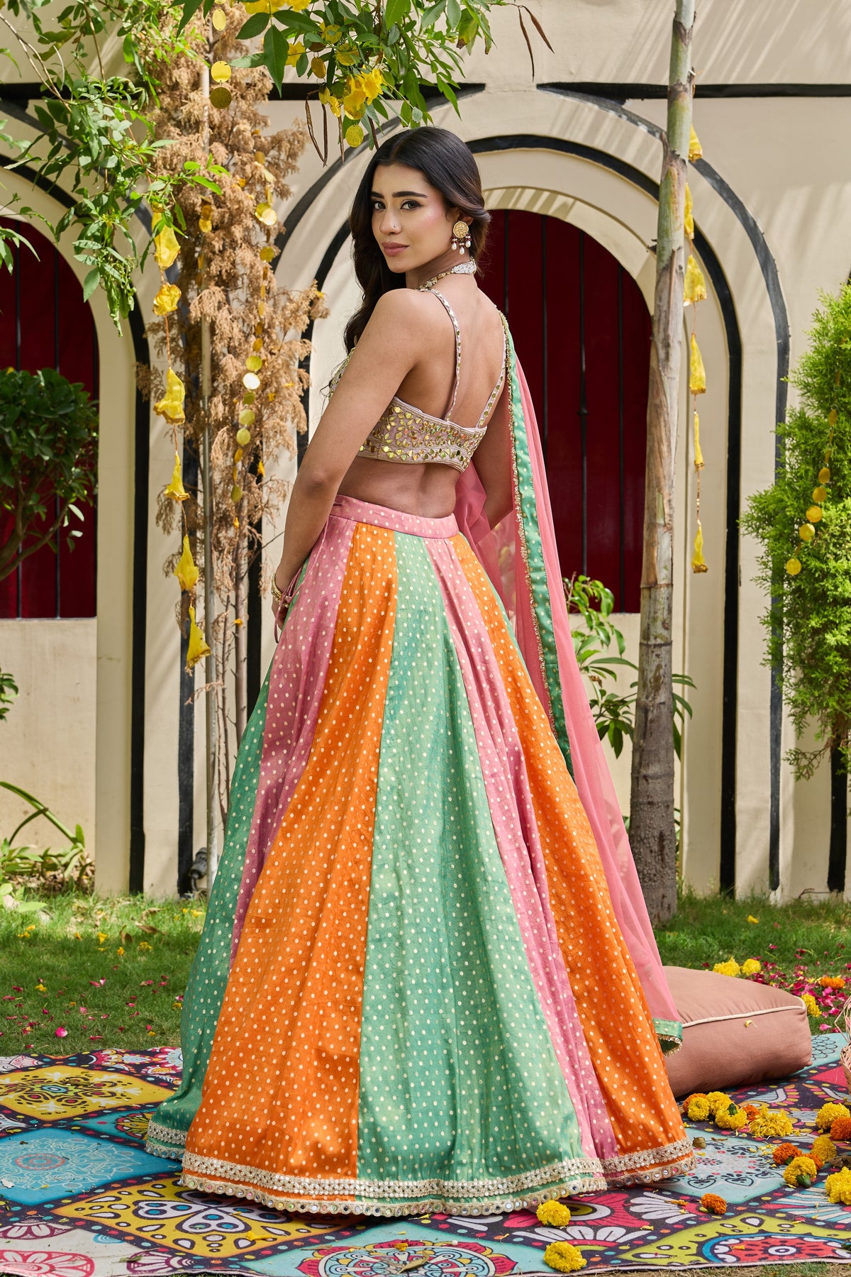 Mauve Mirror-Embellished Bustier & Multi-Panel Lehenga Set