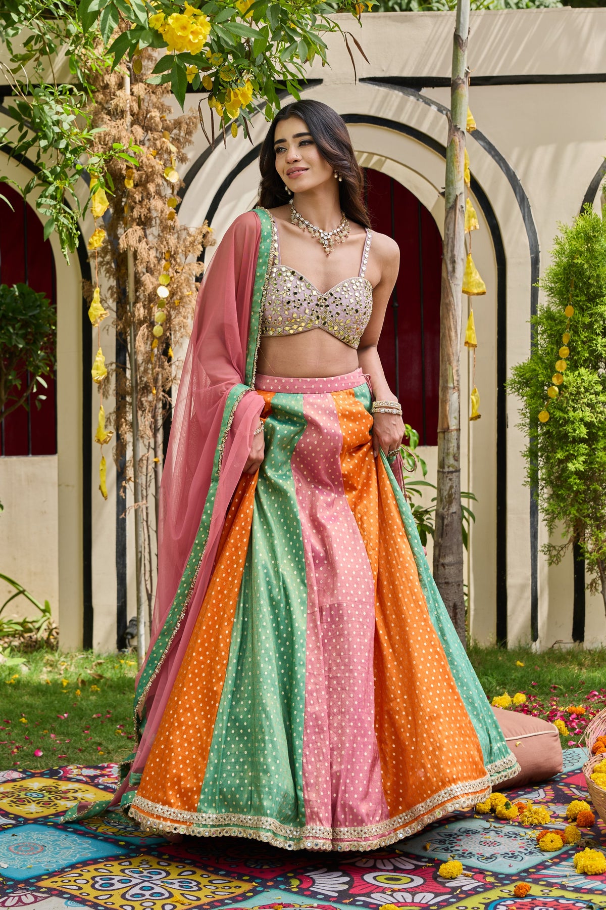 Mauve Mirror-Embellished Bustier & Multi-Panel Lehenga Set