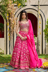 Fuchsia Mirrored Blouse & Banarasi Brocade Lehenga Set