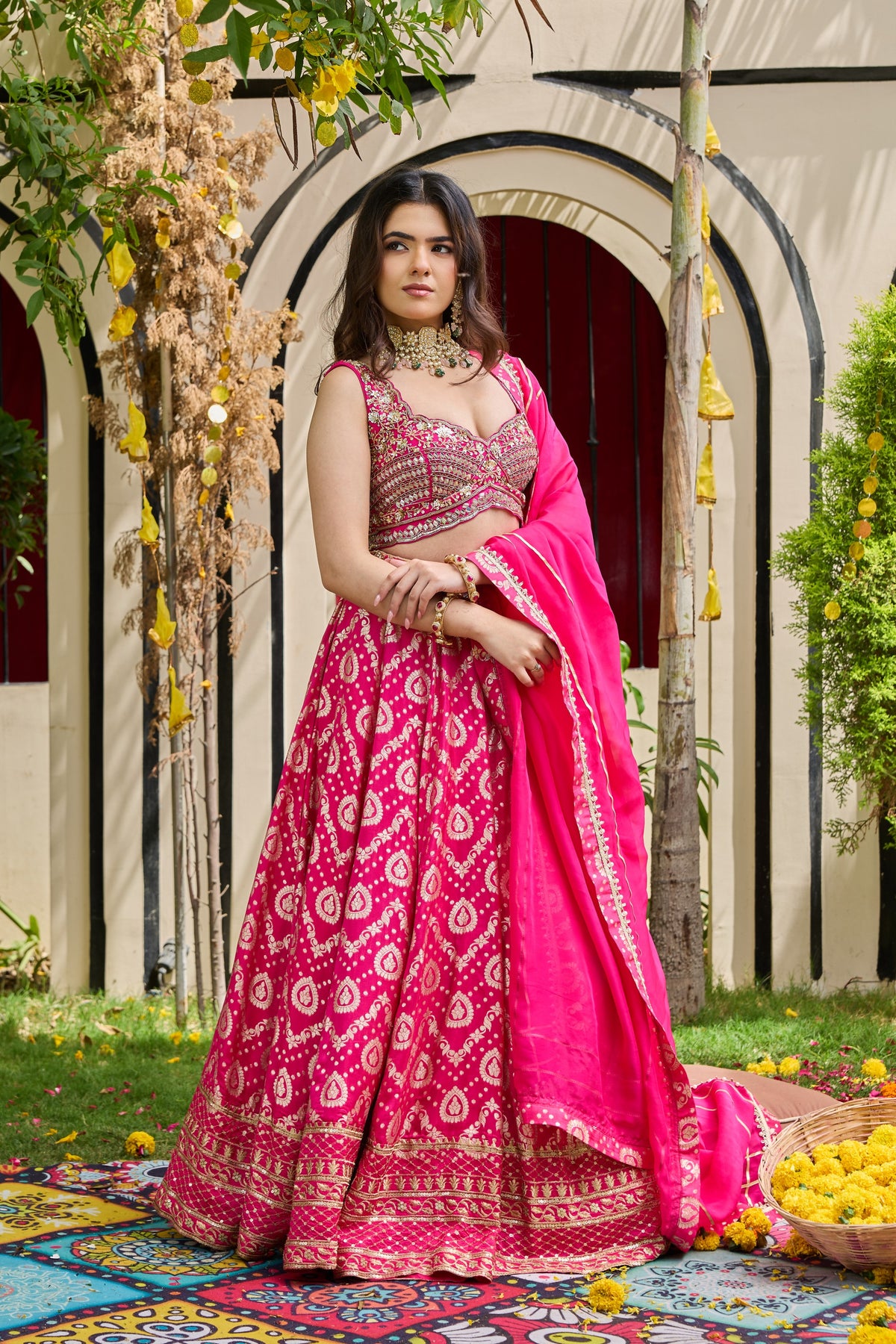 Fuchsia Mirrored Blouse & Banarasi Brocade Lehenga Set