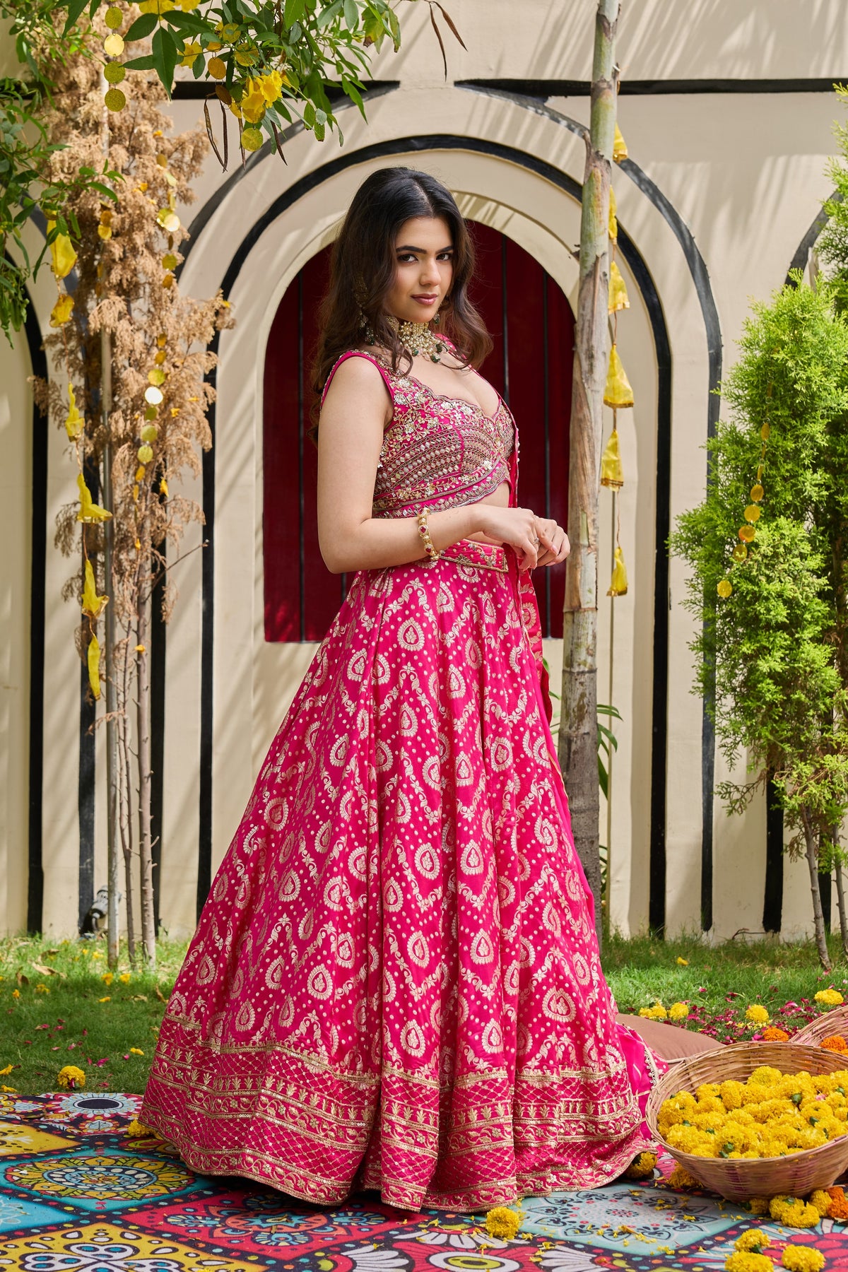 Fuchsia Mirrored Blouse & Banarasi Brocade Lehenga Set