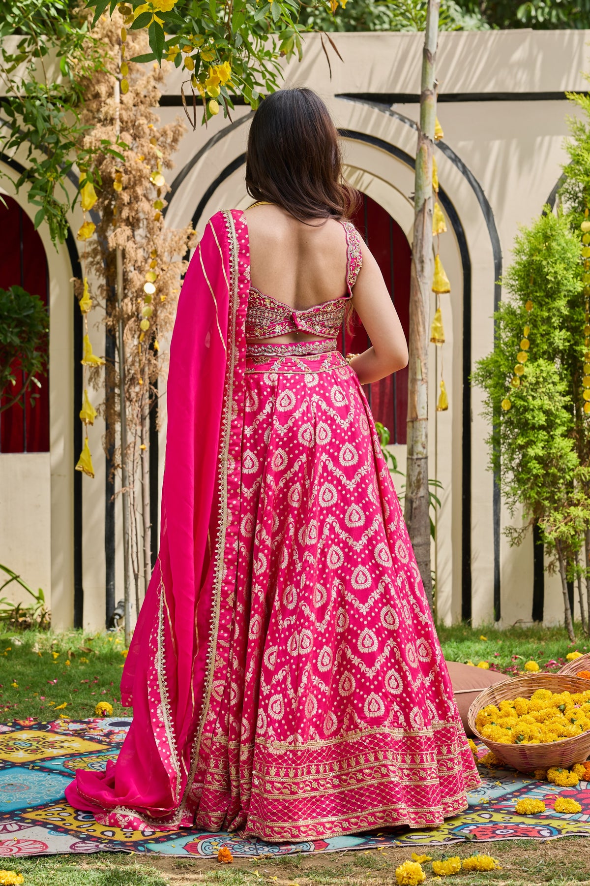 Fuchsia Mirrored Blouse & Banarasi Brocade Lehenga Set