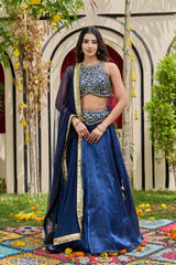 Navy Blue Mirror-Embellished Blouse & Shimmer Organza Lehenga Set