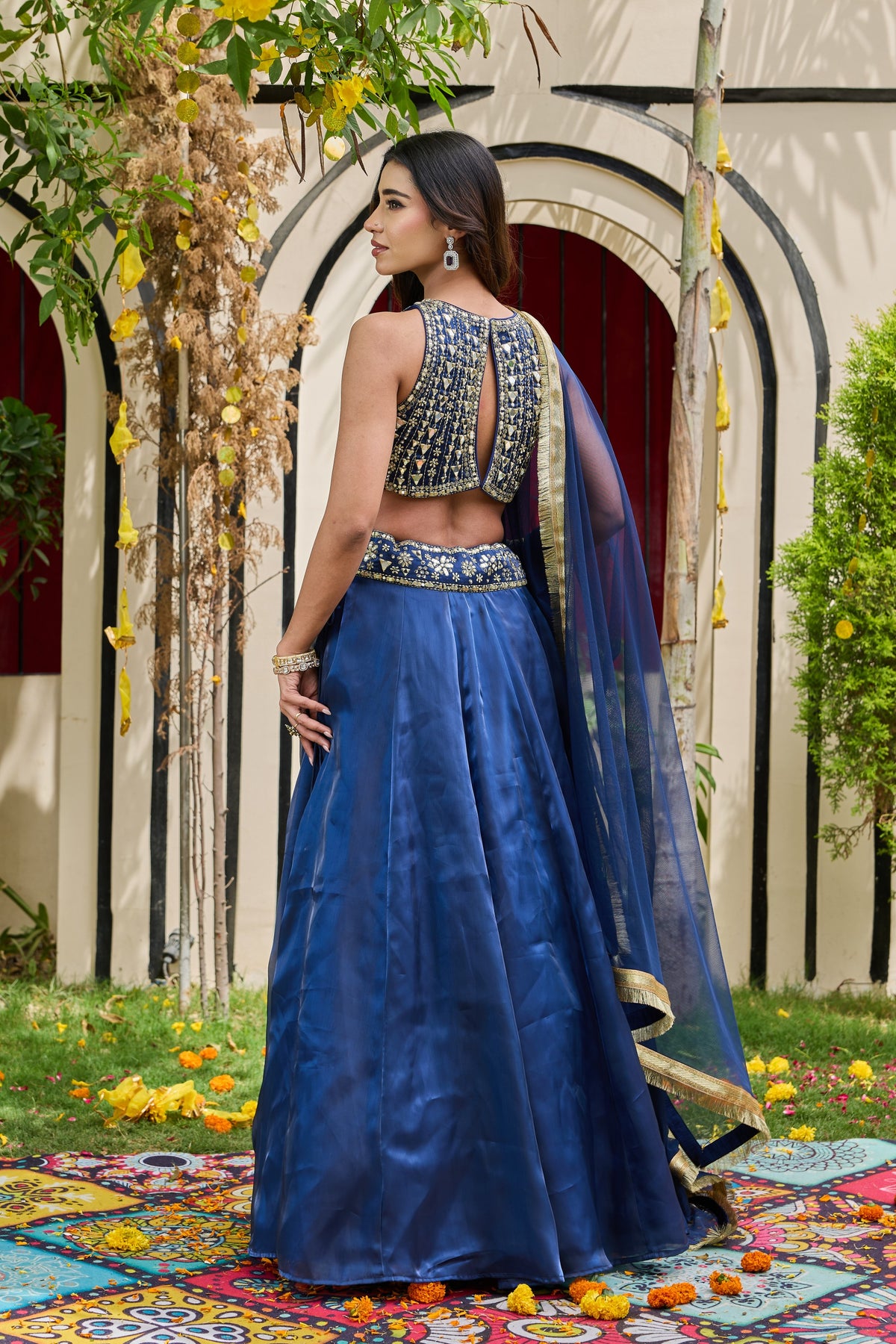 Navy Blue Mirror-Embellished Blouse & Shimmer Organza Lehenga Set