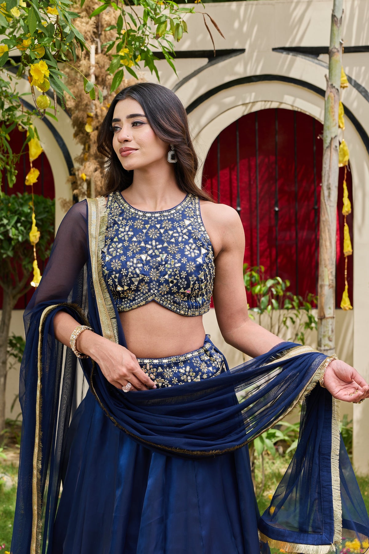 Navy Blue Mirror-Embellished Blouse & Shimmer Organza Lehenga Set