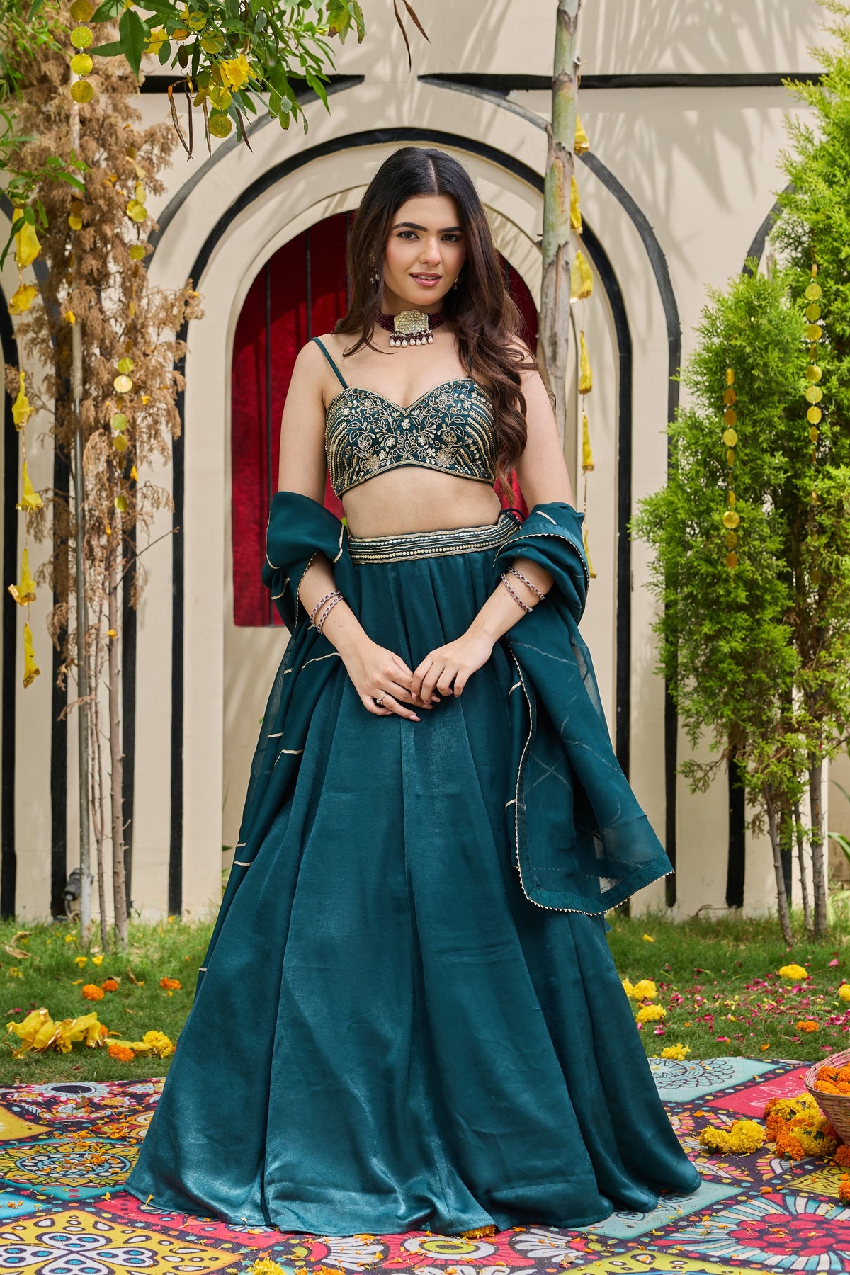 Emerald Zardosi Bustier & Shimmering Crepe Lehenga Set