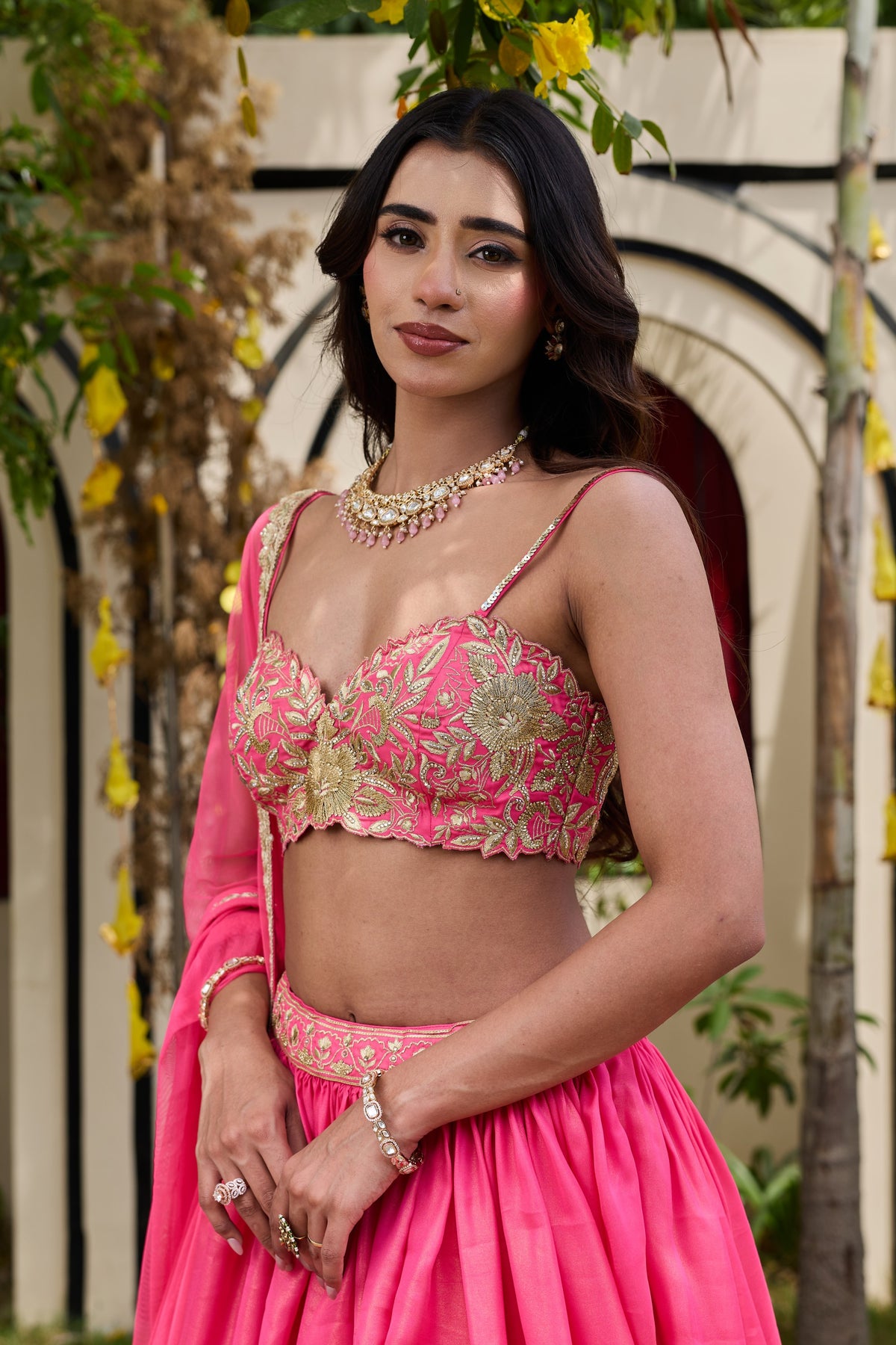 Pink Shimmer Bustier & Georgette Lehenga Set