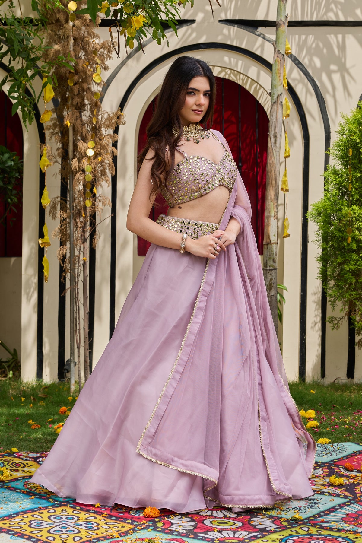 Mauve Mirror-Encrusted Bustier & Organza Lehenga Set
