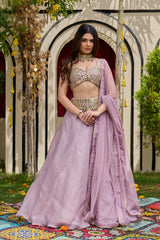 Mauve Mirror-Encrusted Bustier & Organza Lehenga Set