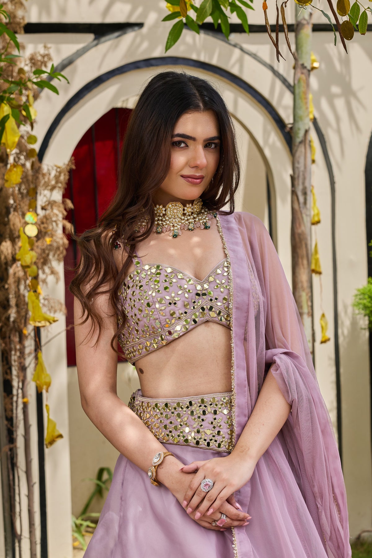 Mauve Mirror-Encrusted Bustier & Organza Lehenga Set