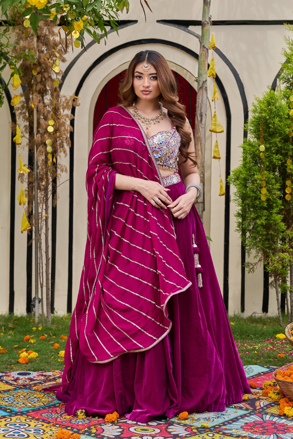 Purple Embroidered Bustier & Velvet Lehenga Set
