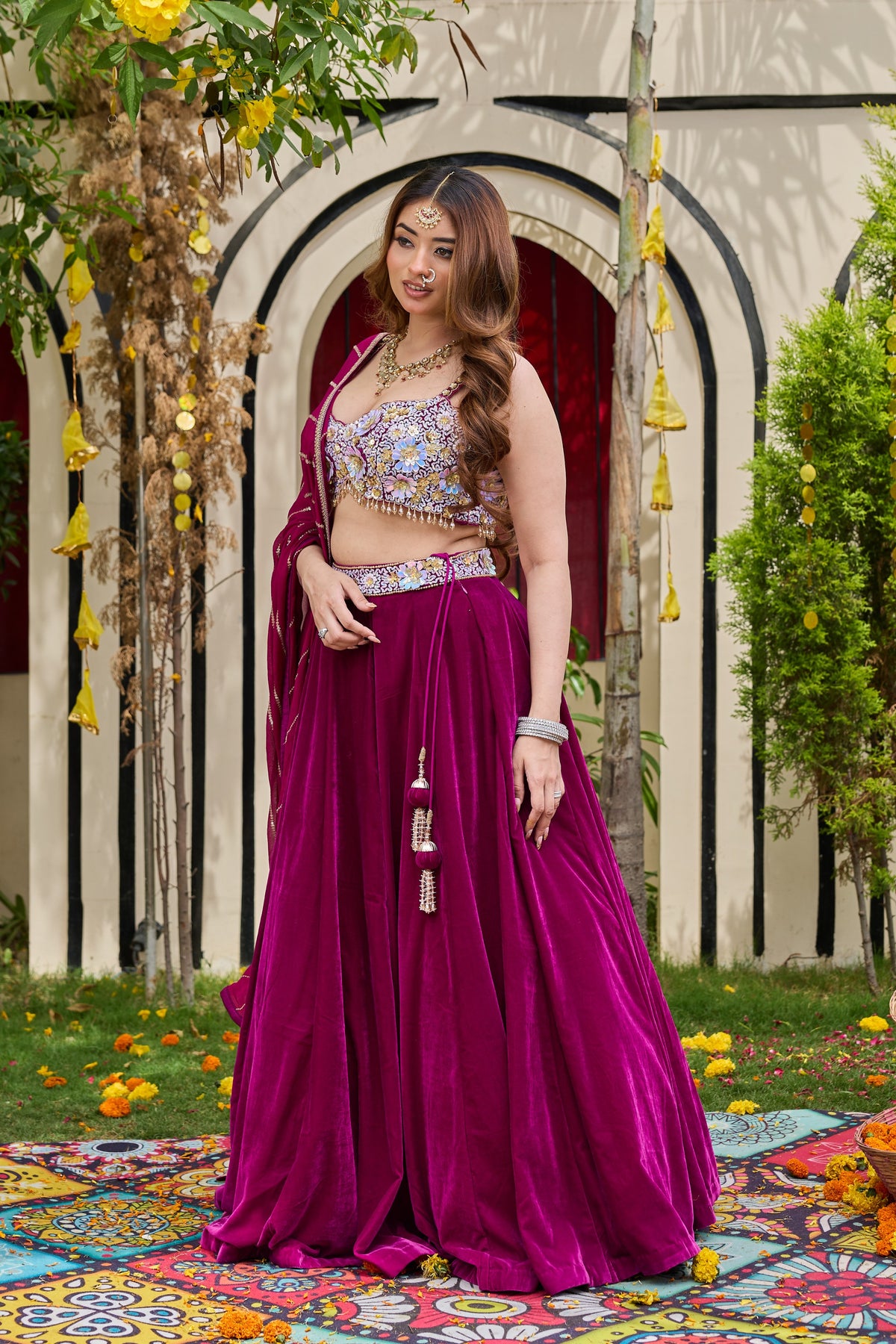 Purple Embroidered Bustier & Velvet Lehenga Set