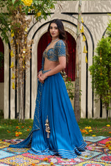 Deep Blue Crepe Zardosi Blouse & Flowy Lehenga Set