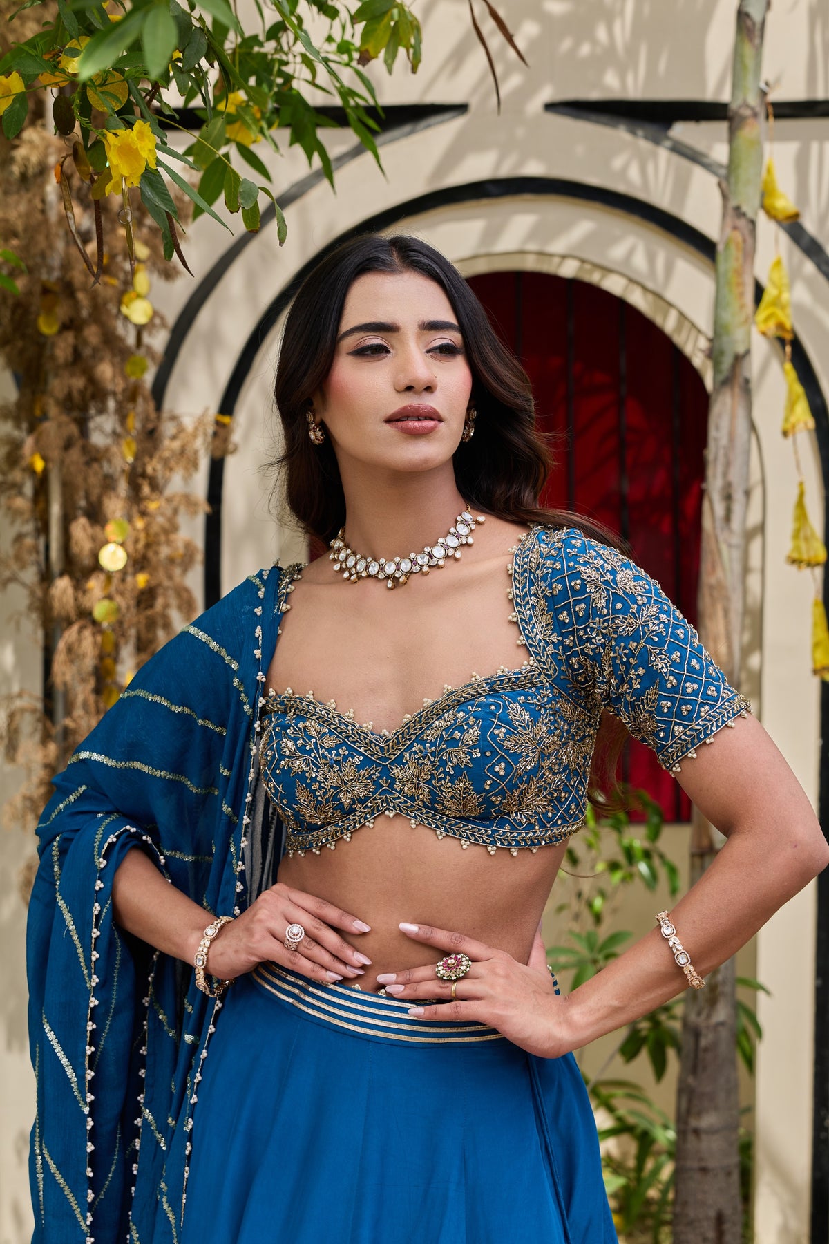 Deep Blue Crepe Zardosi Blouse & Flowy Lehenga Set