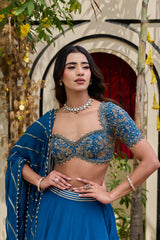 Deep Blue Crepe Zardosi Blouse & Flowy Lehenga Set
