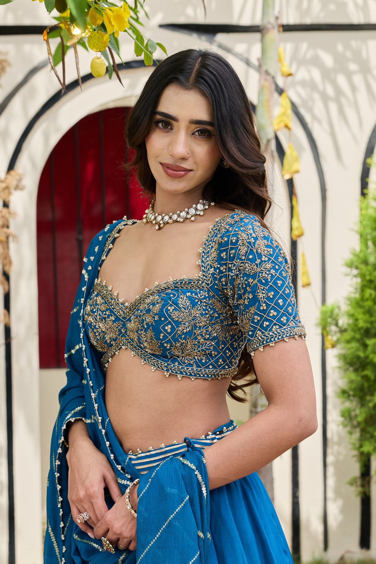 Deep Blue Crepe Zardosi Blouse & Flowy Lehenga Set