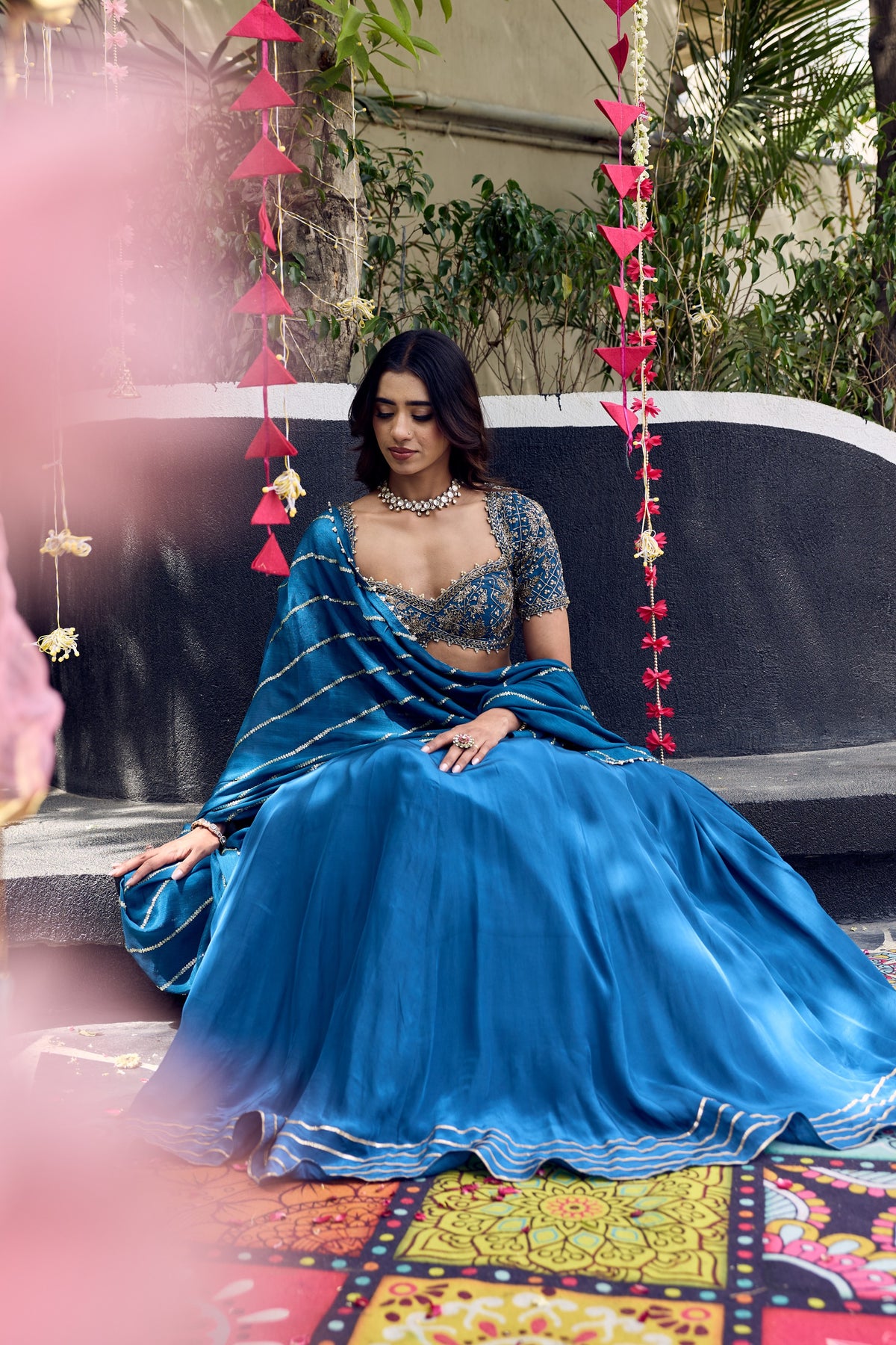 Deep Blue Crepe Zardosi Blouse & Flowy Lehenga Set