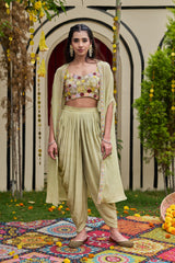 Sage Green Floral Bustier, Dhoti & Cape Set