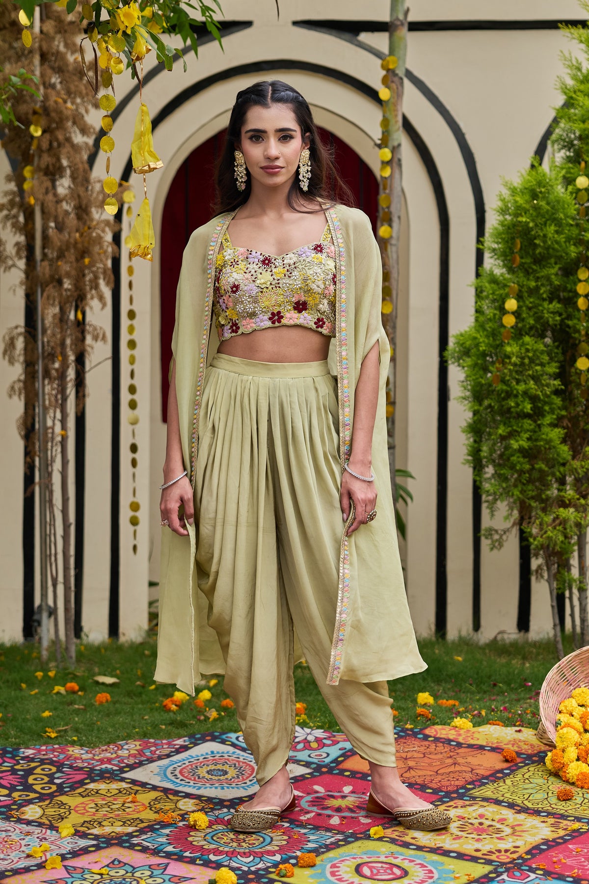 Sage Green Floral Bustier, Dhoti & Cape Set