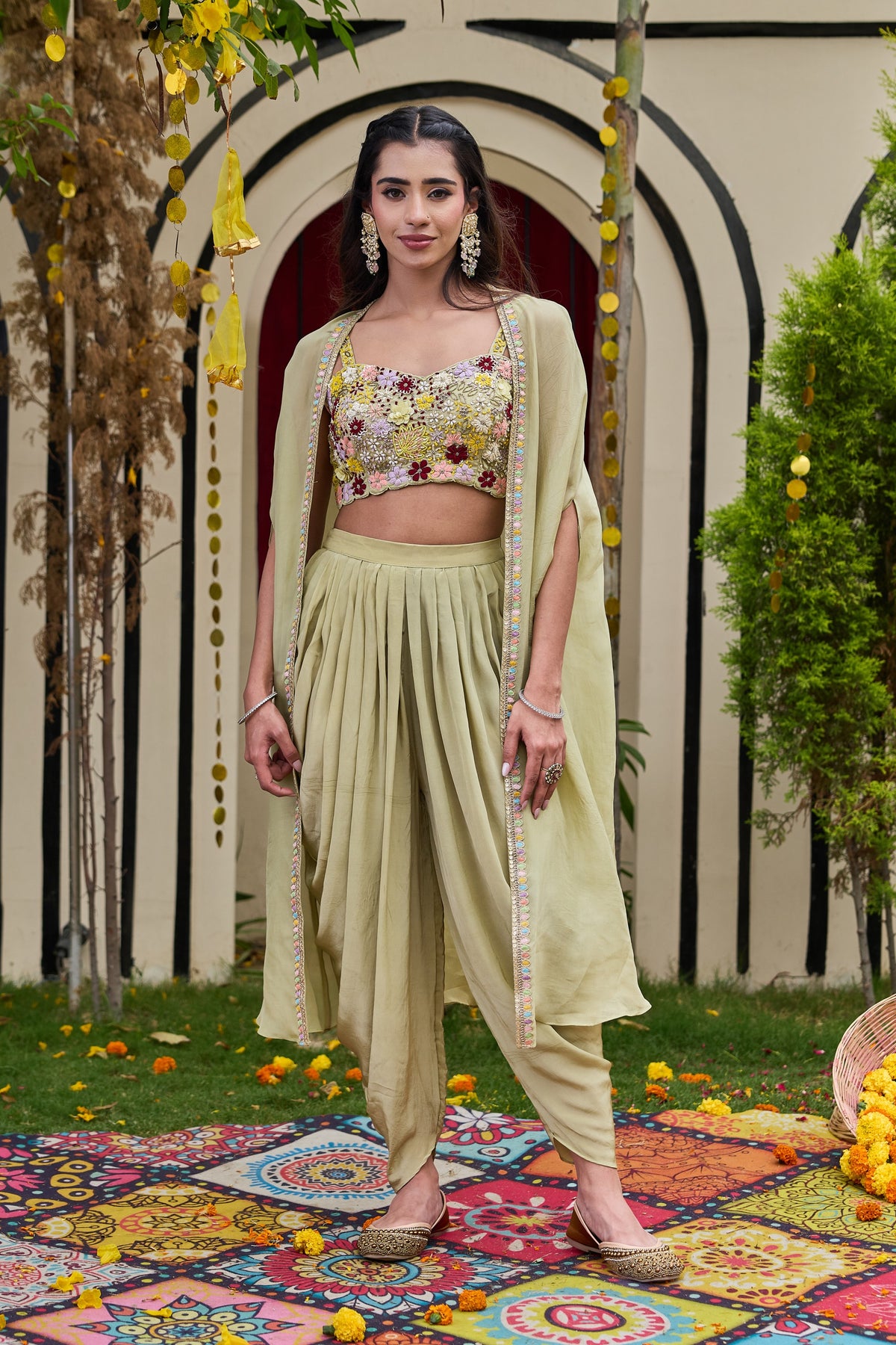 Sage Green Floral Bustier, Dhoti & Cape Set