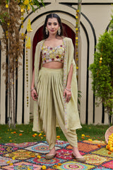 Sage Green Floral Bustier, Dhoti & Cape Set